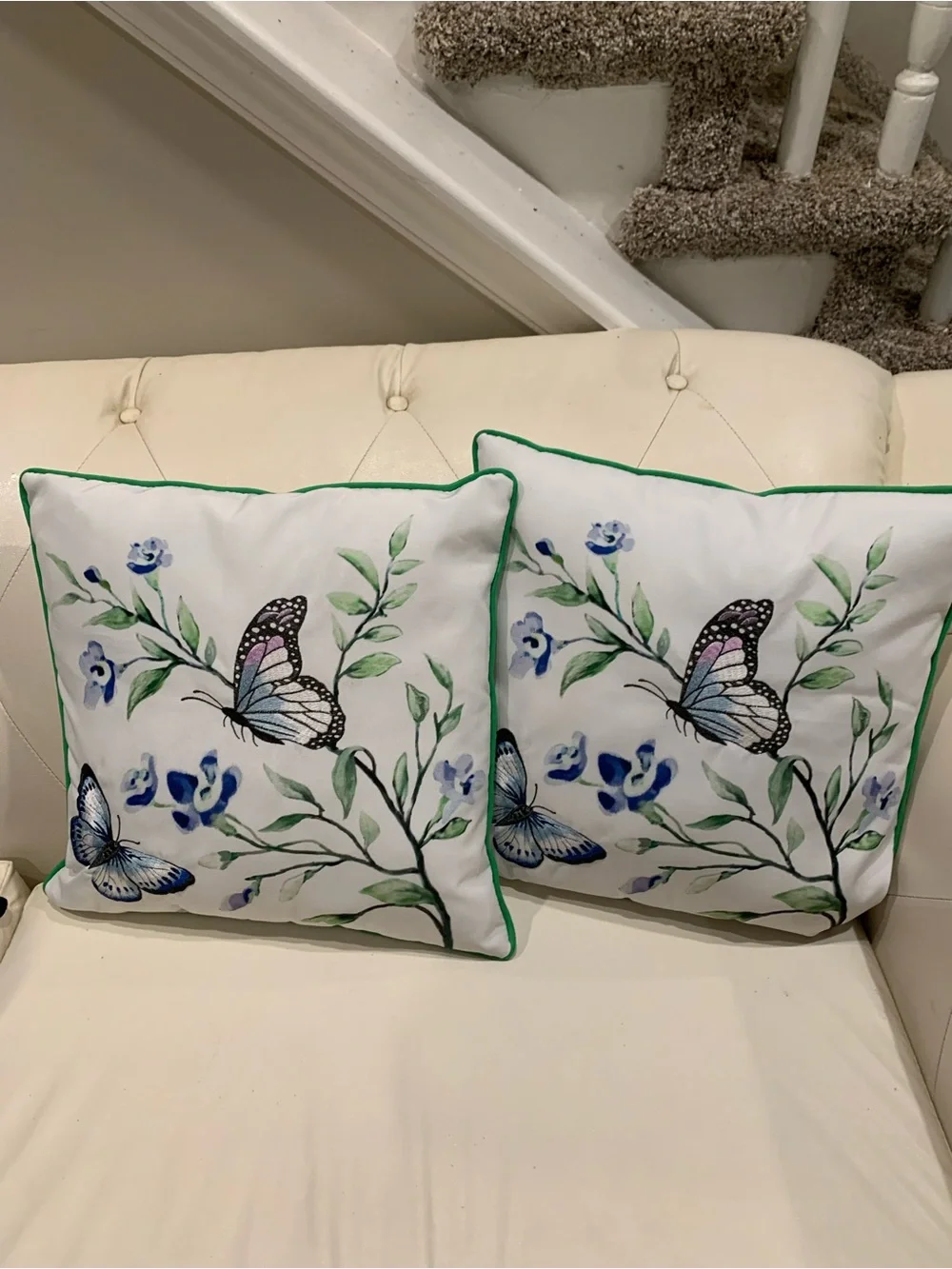 Botanical Butterfly Decorative Throw Pillow - White with Green Trim